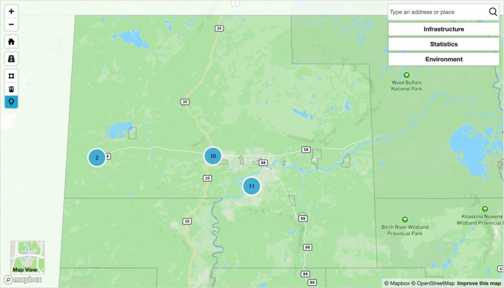Screenshot of the interactive map from the Alberta Site Selector Tool, showing the Northwest Alberta region.
